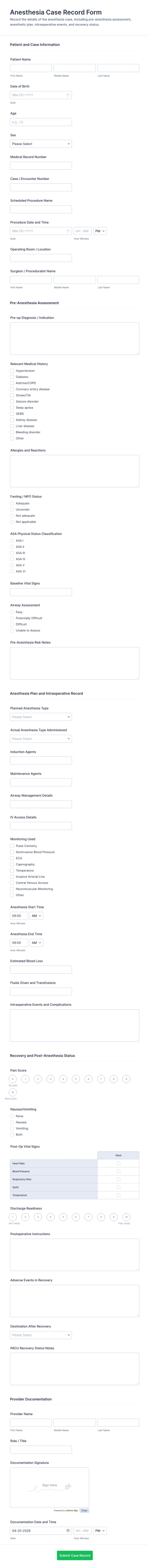 Anesthesia Case Record Form Template
