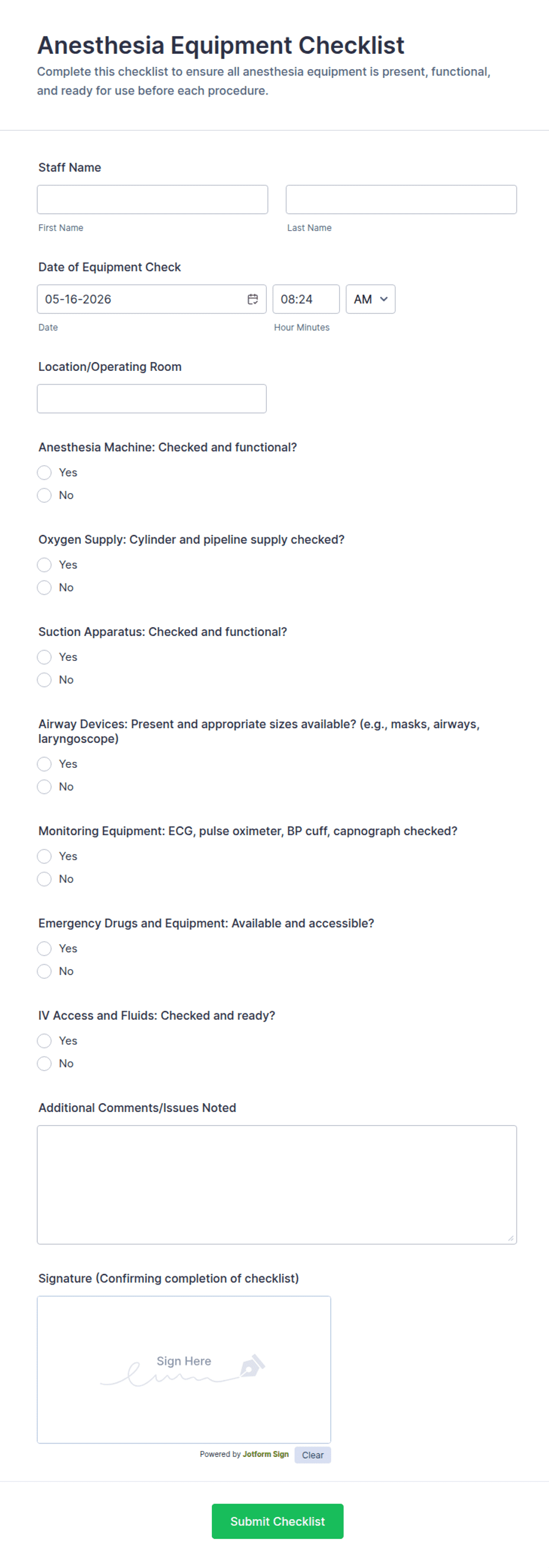 Anesthesia Equipment Checklist Form Template | Jotform