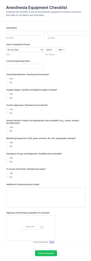 Anesthesia Equipment Checklist Form Template
