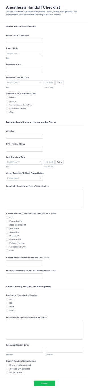 Anesthesia Handoff Checklist Form Template