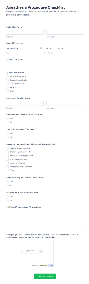 Anesthesia Procedure Checklist Form Template