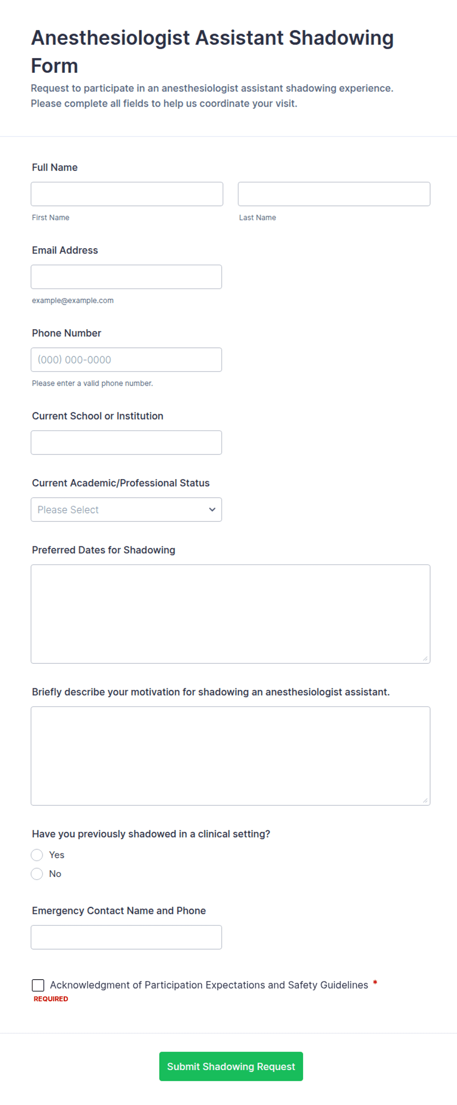 Anesthesiologist Assistant Shadowing Form Template | Jotform