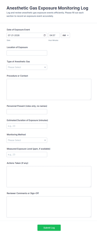 Anesthetic Gas Exposure Monitoring Log Form Template