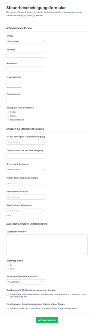 Anforderung Einer Steuerbescheinigung Formular