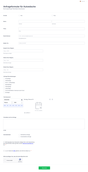 Anfrageformular Für Autowäsche Form Template