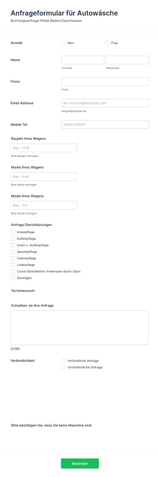 Anfrageformular Für Autowäsche