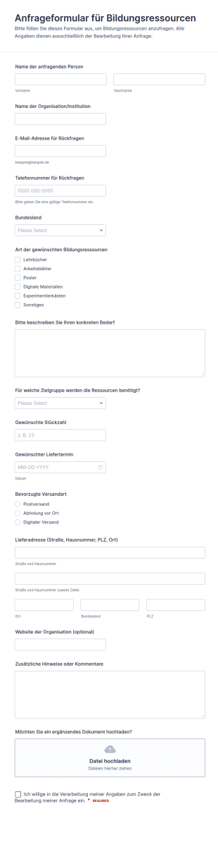 Anfrage Bildungsressourcen Formular
