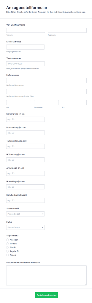 Anfrage Für Anzugbestellung Formular
