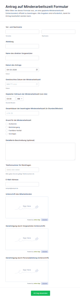 Anfrage Für Arbeitszeitminimierung Formular