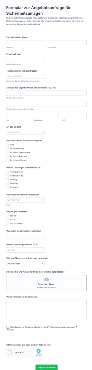 Anfrage Für Ein Angebot Zur Sicherheitssystem Lösung