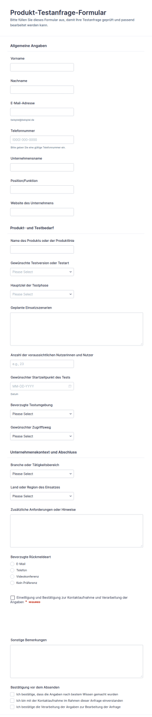 Anfrage Für Eine Produkt Testphase