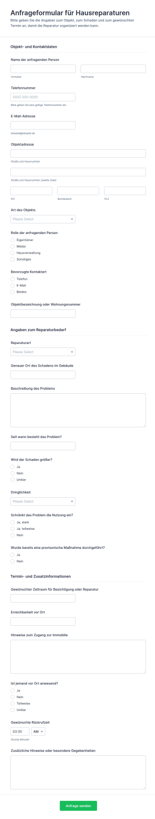 Anfrage Für Hausreparatur Formular