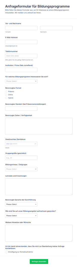 Anfrage Zum Bildungsprogramm Formular