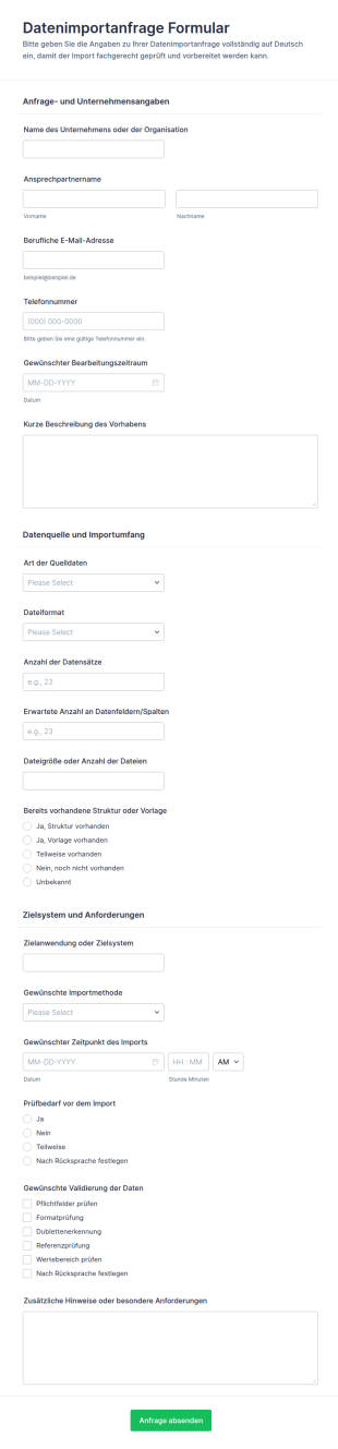 Anfrage Zum Datenimport Formular