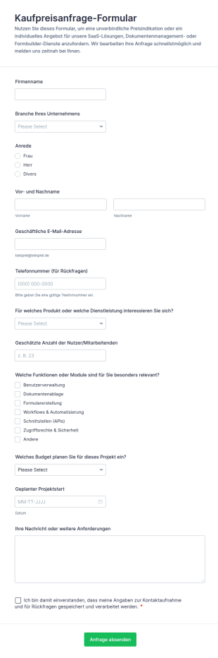 Anfrage Zum Kaufpreis Formular
