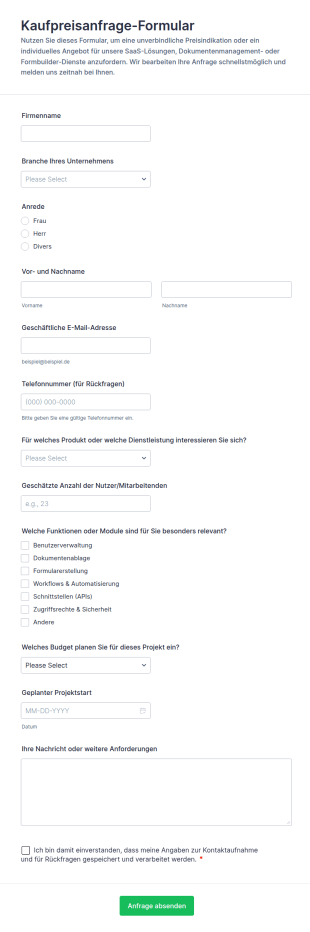 Anfrage Zum Kaufpreis Formular