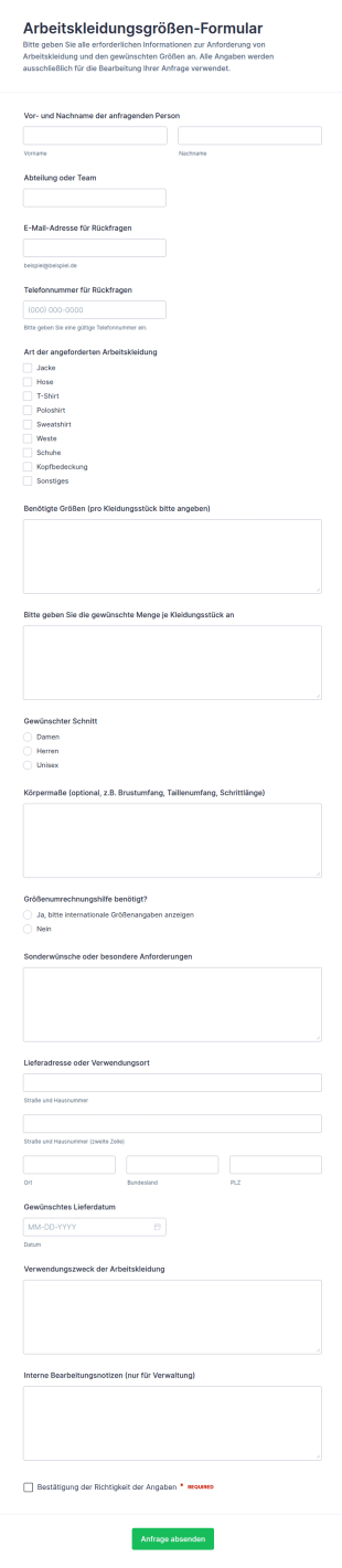 Anfrage Zur Arbeitskleidung Größenbestellung