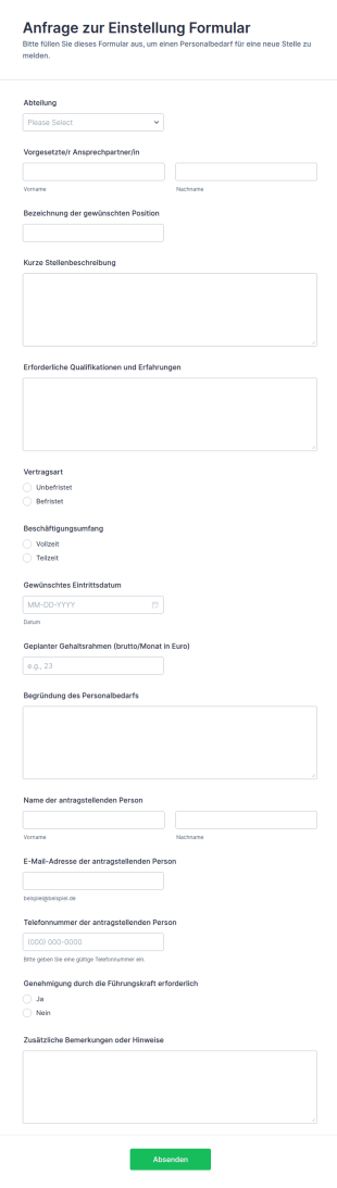 Anfrage Zur Einstellung Formular