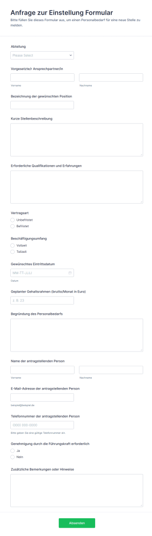 Anfrage Zur Einstellung Formular