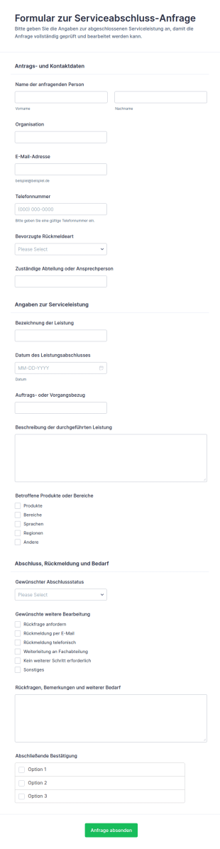 Anfrage Zur Fertigstellung Von Dienstleistungen Form