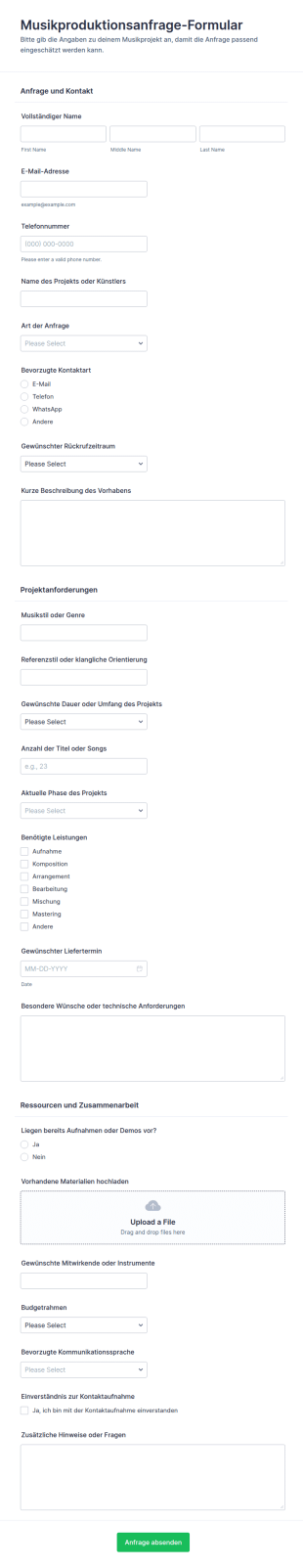 Anfrage Zur Musikproduktion Form