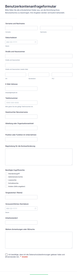Anfrage Zur Nutzerkonten Registrierung Formular