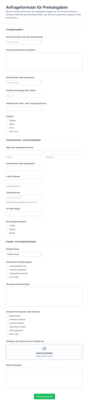 Anfrage Zur Preisgestaltung Formular