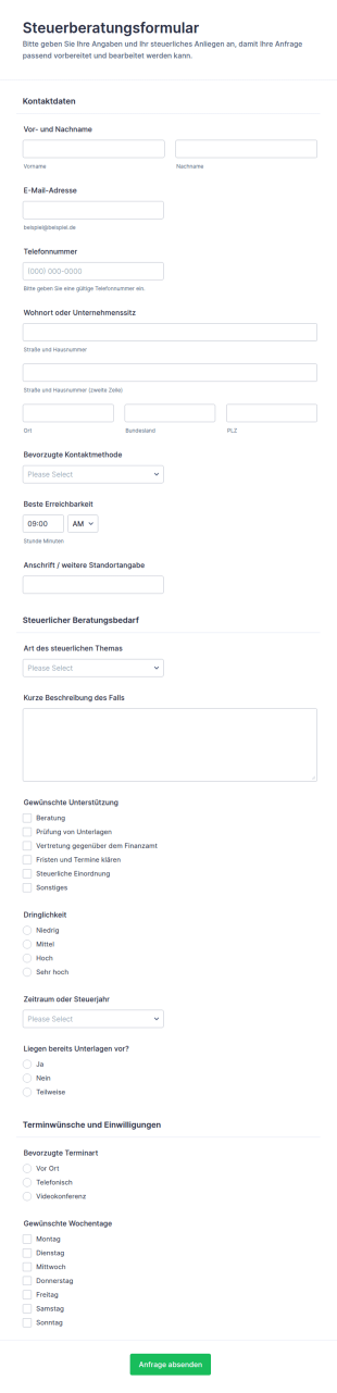 Anfrage Zur Steuerberatung Form