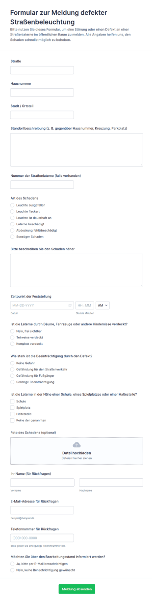 Anfrage Zur Straßenlaternenreparatur Formular