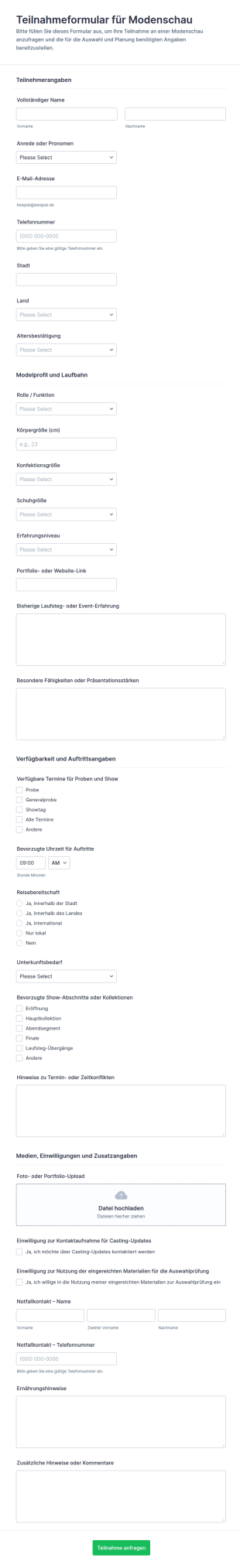 Anfrage Zur Teilnahme An Einer Modenschau Form