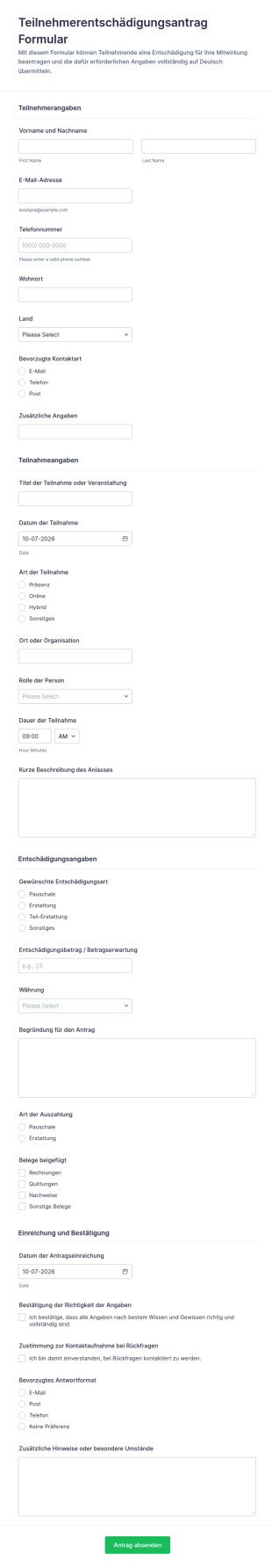 Anfrage Zur Vergütung Von Teilnehmenden