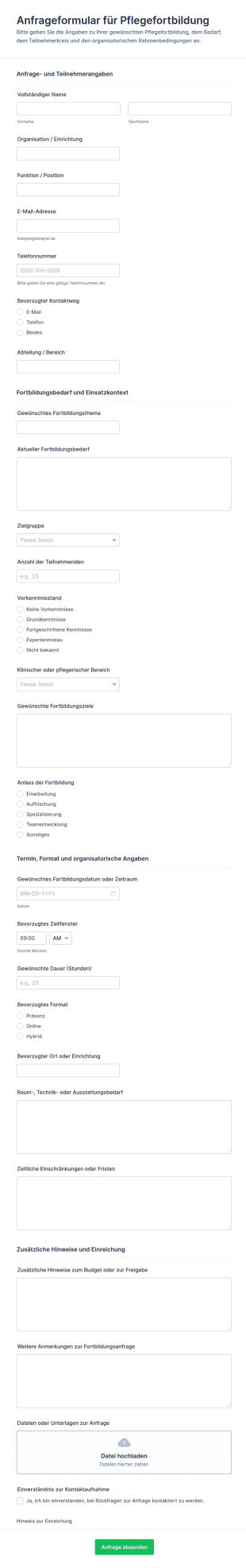 Anfrage Zur Weiterbildung In Der Pflege