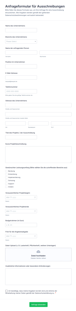 Anfrageformular Für Ausschreibungen