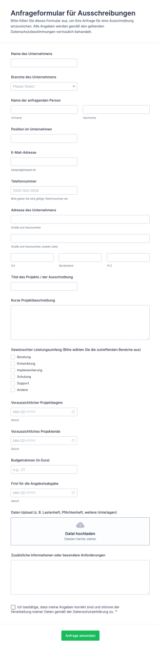 Anfrageformular Für Ausschreibungen