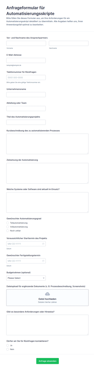 Anfrageformular Für Automatisierungsskripte
