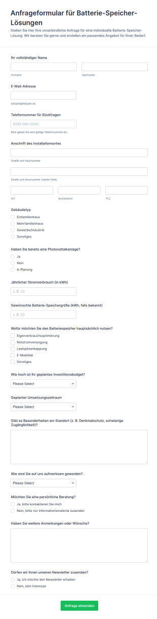 Anfrageformular Für Batteriespeicher
