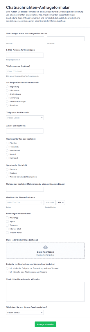 Anfrageformular Für Chat Nachrichten