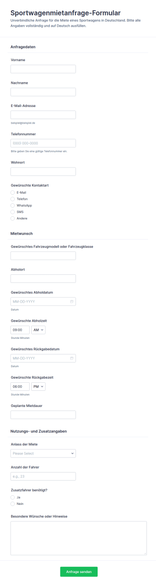 Anfrageformular Für Die Anmietung Eines Sportwagens