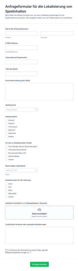 Anfrageformular Für Die Lokalisierung Von Spielinhalten