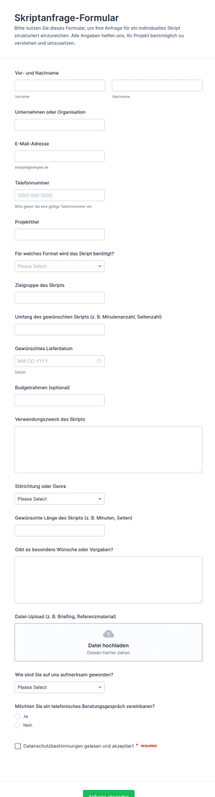 Anfrageformular Für Drehbuchskripte