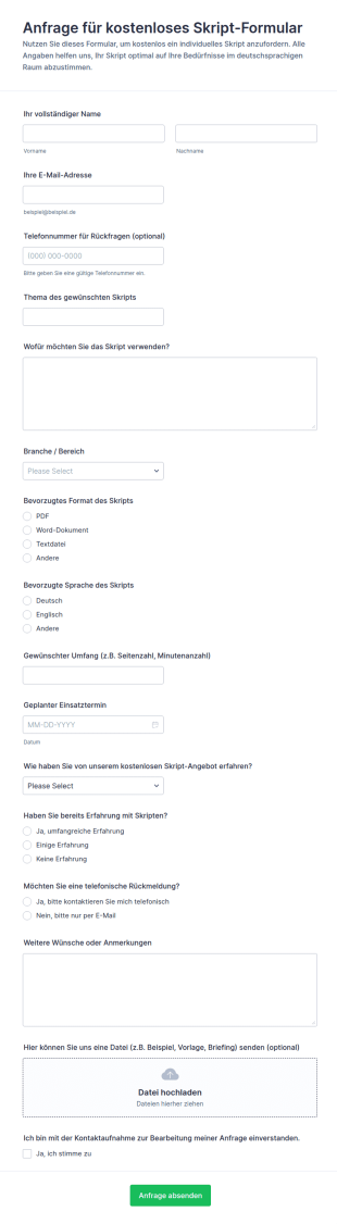 Anfrageformular Für Ein Kostenloses Skript
