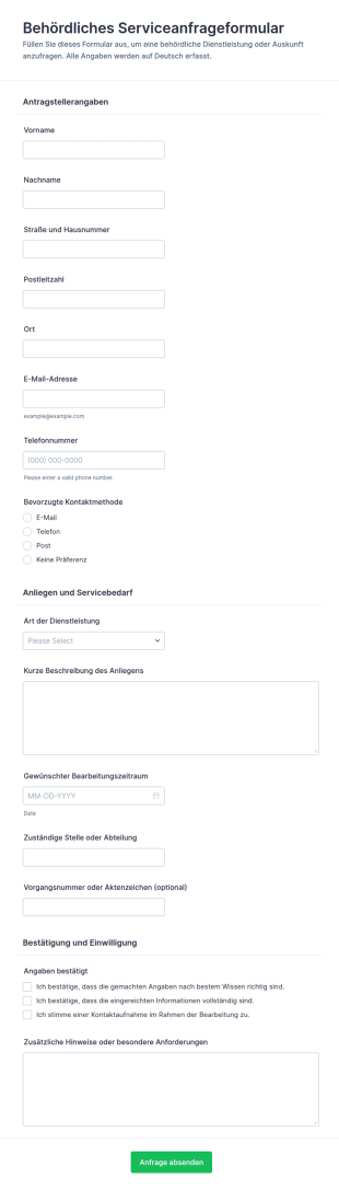 Anfrageformular Für Eine Behördliche Dienstleistung