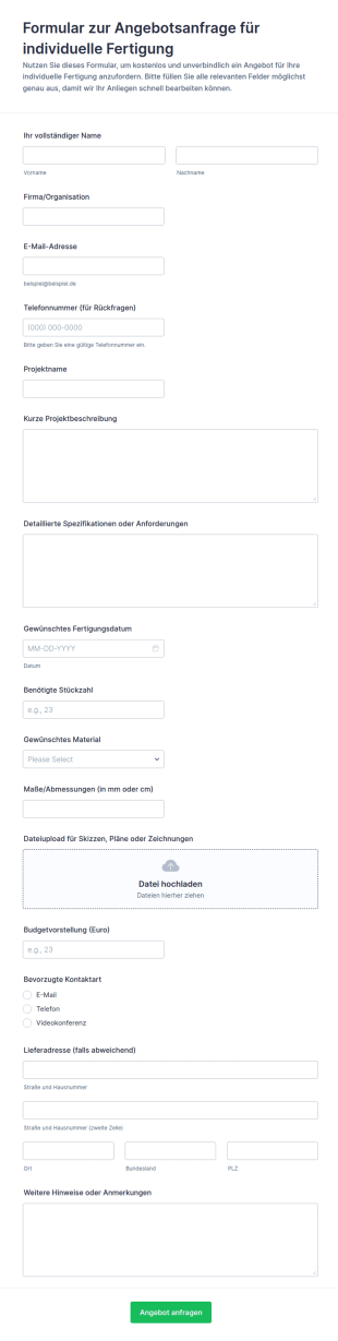 Anfrageformular Für Eine Individuelle Fertigungsangebotsanfrage