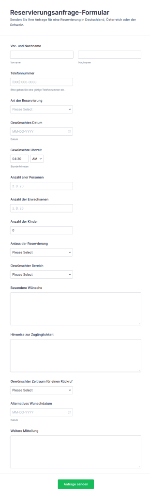 Anfrageformular Für Eine Reservierung