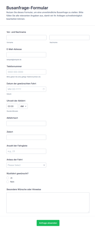 Anfrageformular Für Einen Bus