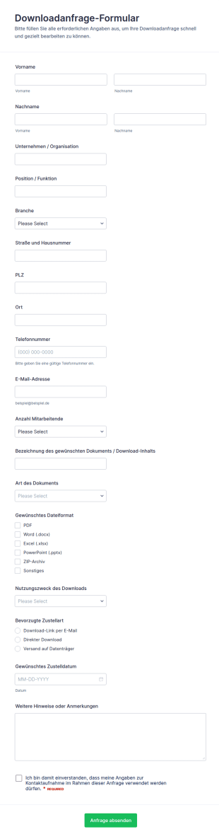 Anfrageformular Für Einen Download
