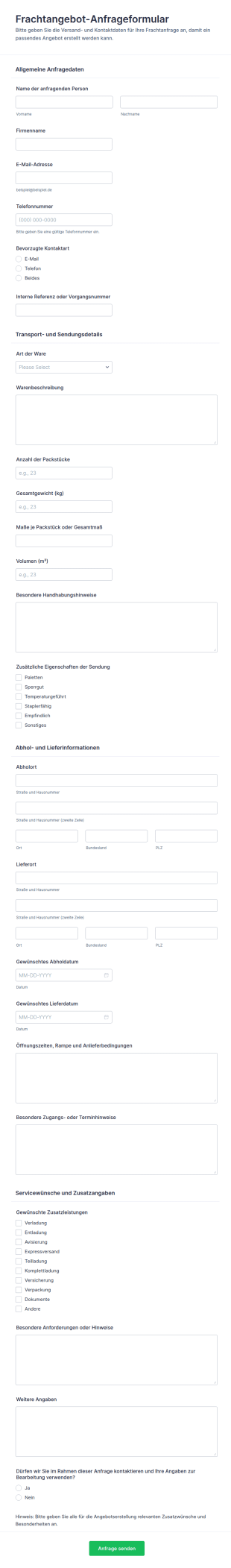 Anfrageformular Für Einen Frachtkostenvoranschlag