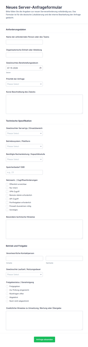 Anfrageformular Für Einen Neuen Server
