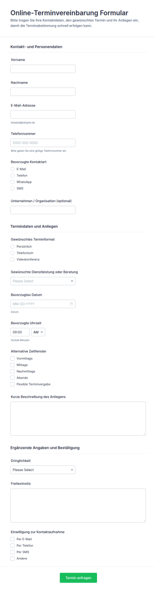 Anfrageformular Für Einen Online Termin