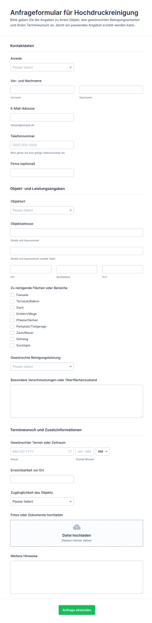 Anfrageformular Für Einen Reinigungskostenvoranschlag